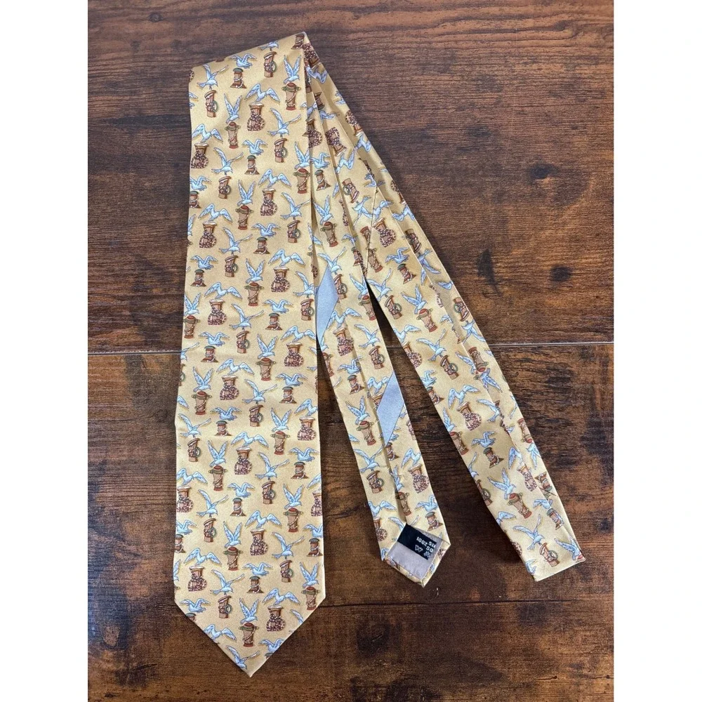 Salvatore Ferragamo Mens Yellow Silk Nautical Seagull Anchor Tie Made in Italy